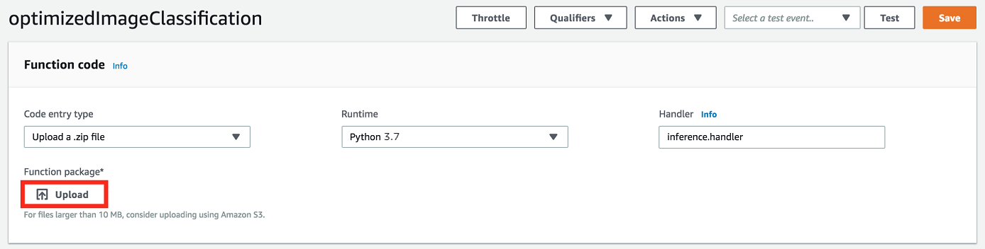 A seção Configurações de runtime com Upload destacado.