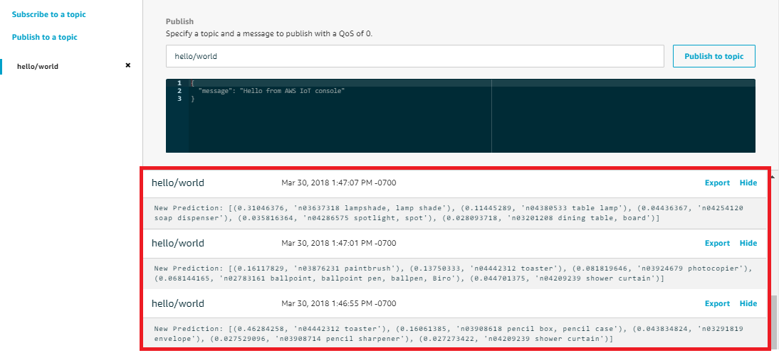 A página Subscriptions (Inscrições) mostrando resultados de teste com dados de mensagem.