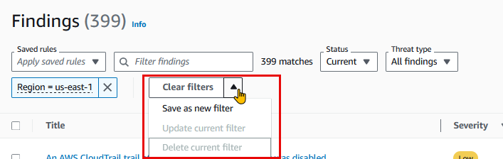 Salvando um conjunto de filtros no GuardDuty console para poder filtrar as descobertas novamente.