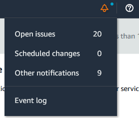 Captura de tela do ícone da campainha de notificação no console do AWS Health.