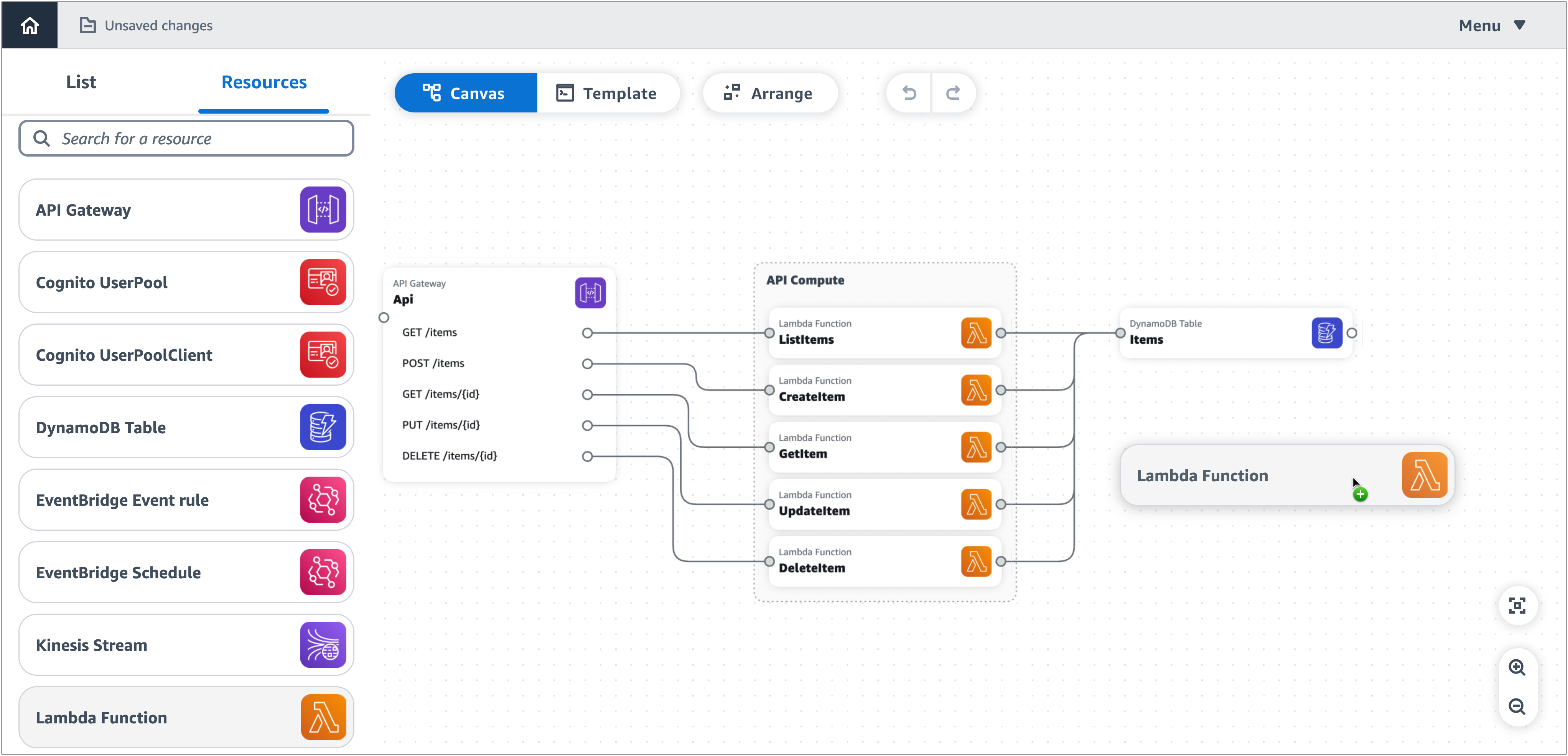 A demonstração está em tela com uma função Lambda ao lado da tabela do DynamoDB.