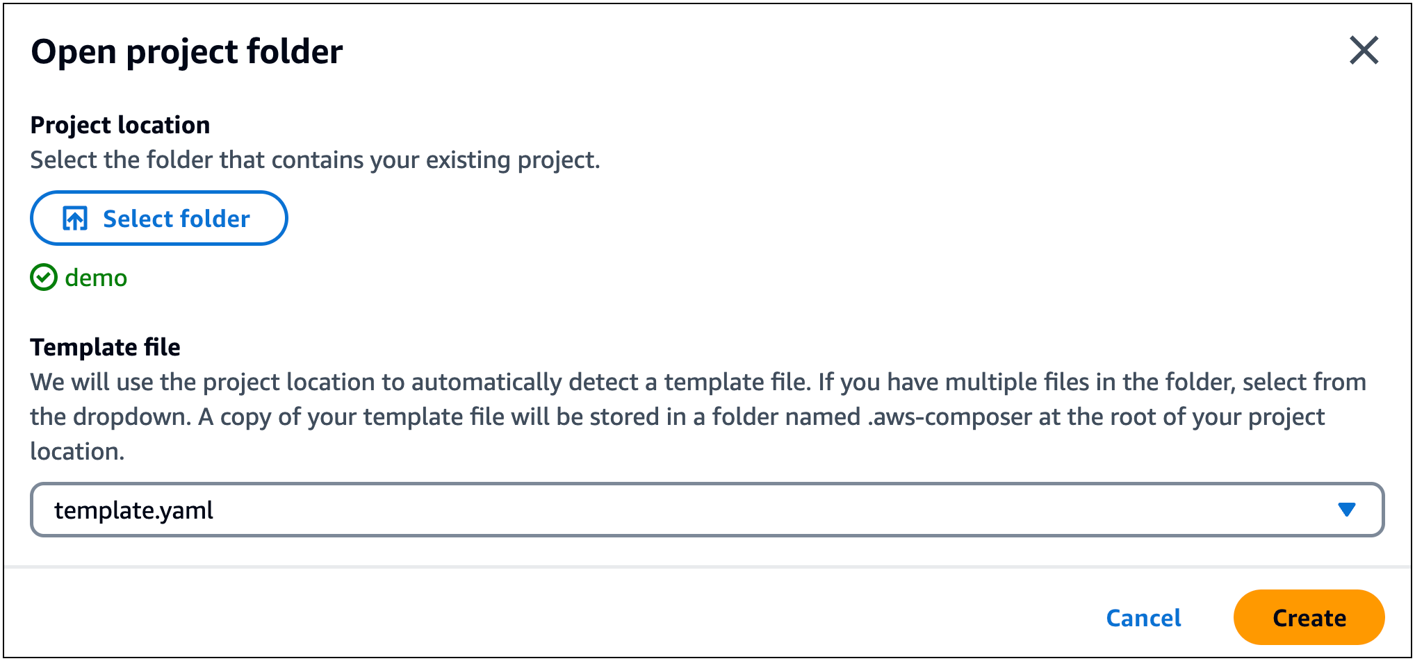 A janela Infrastructure Composer Abra a pasta do projeto com a pasta do projeto selecionada e a opção Criar pronta para ser selecionada.