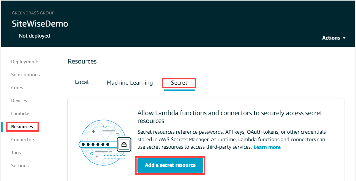 AWS IoT Greengrass Captura de tela da página “Recursos”.