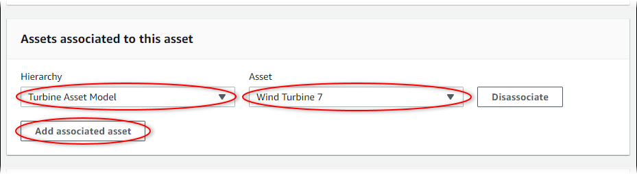 A página AWS IoT SiteWise Editar ativo com este texto de campo: Adicionar ativo associado.