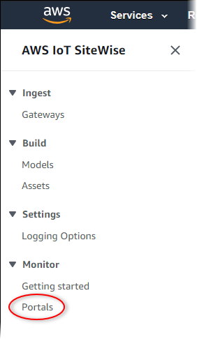 Painel de navegação esquerdo no AWS IoT SiteWise console com Portais destacados.