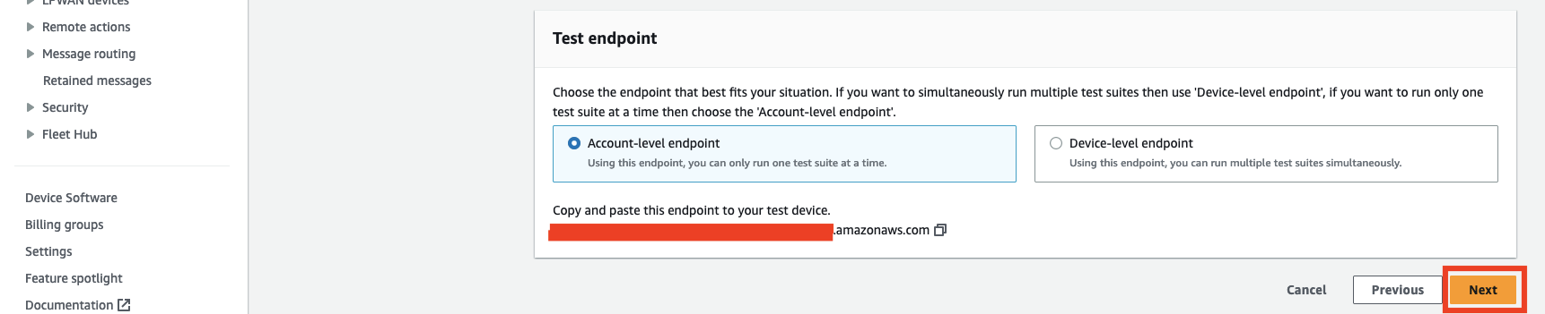 Opções para selecionar o endpoint no nível da conta ou no nível do dispositivo para teste, com uma URL de endpoint fornecida e o botão Avançar.