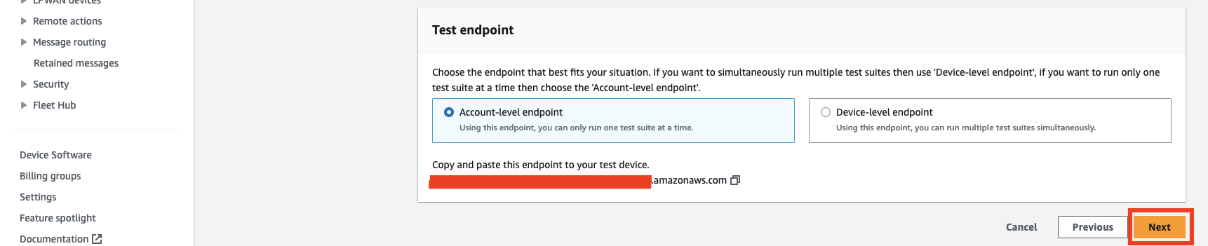 Opções para selecionar o endpoint no nível da conta ou no nível do dispositivo para teste, com um endpoint fornecido e o botão Avançar. URL