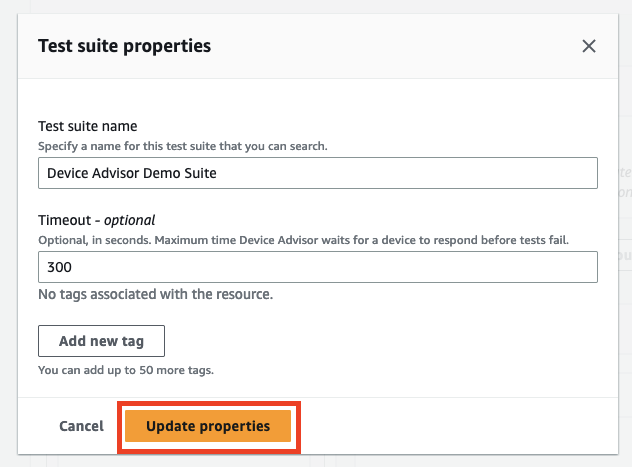 Formulário para atualizar as propriedades de um pacote de testes, incluindo nome, tempo limite e capacidade de adicionar tags. Contém um botão “Atualizar propriedades”.