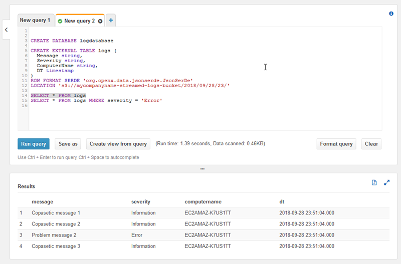 Captura de tela demonstrando a consulta de registros de log com o Athena.