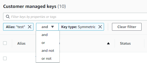 Filter interface showing Alias "test" and Key type: Symmetric with logical operator options.