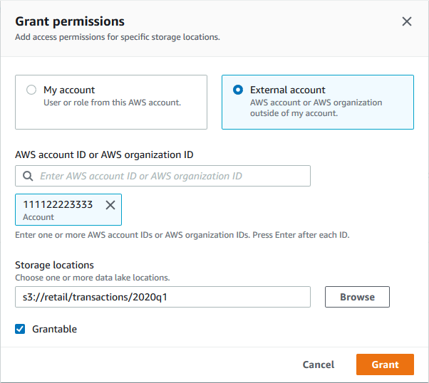 A caixa de diálogo Conceder permissão tem o botão de opção Conta externa selecionado, uma AWS conta especificada e um local de armazenamento especificado.