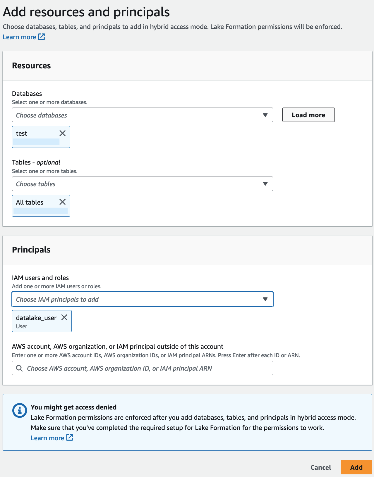 Interface for adding resources and principals in hybrid access mode, showing database and table selection.