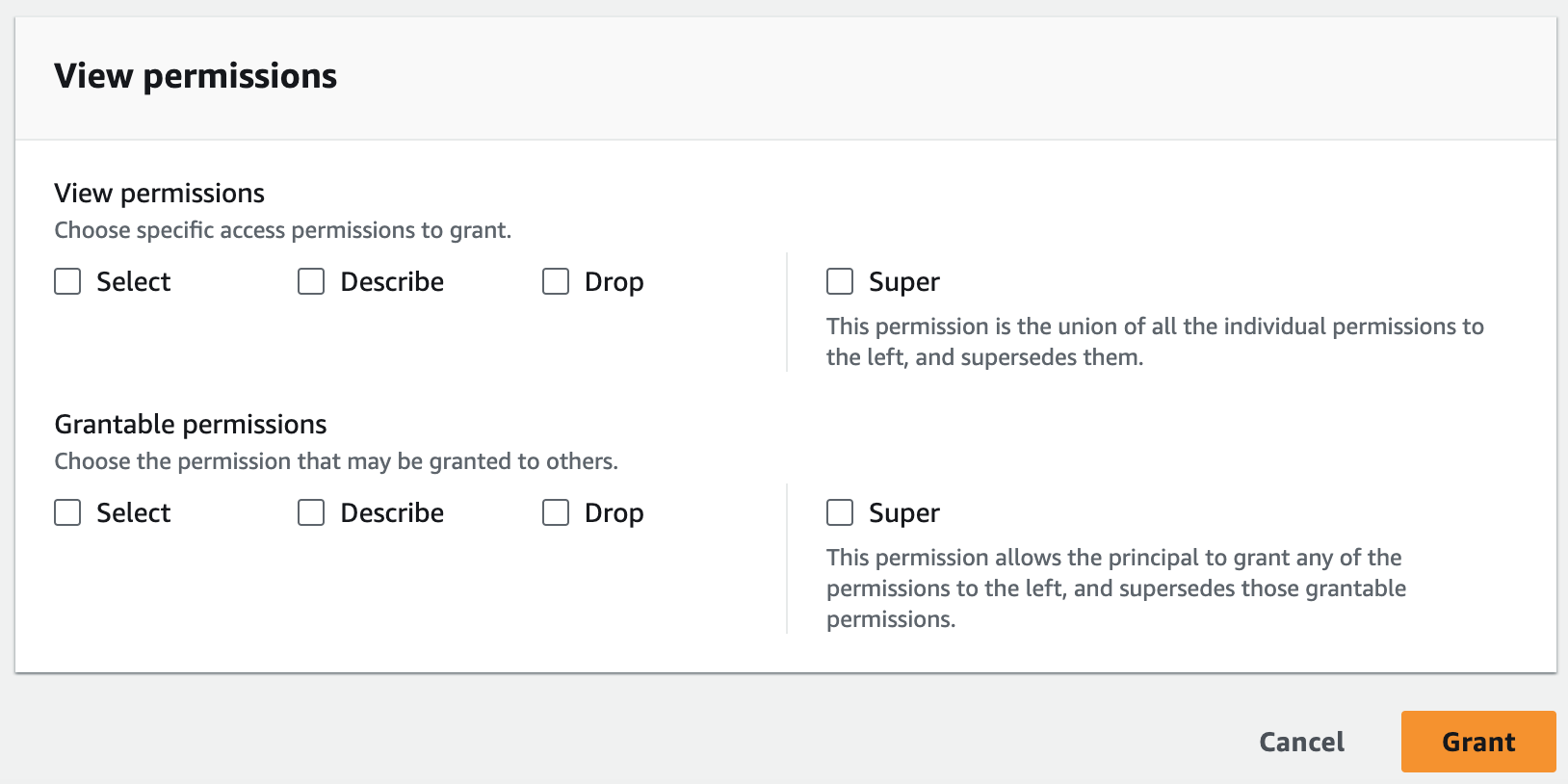 A seção Permissões tem um grupo de caixas de seleção para visualizar permissões a serem concedidas. As caixas de seleção incluem Selecionar, Descrever, Soltar e Super. Abaixo desse grupo, há outro grupo com as mesmas caixas de seleção para permissões concedíveis.