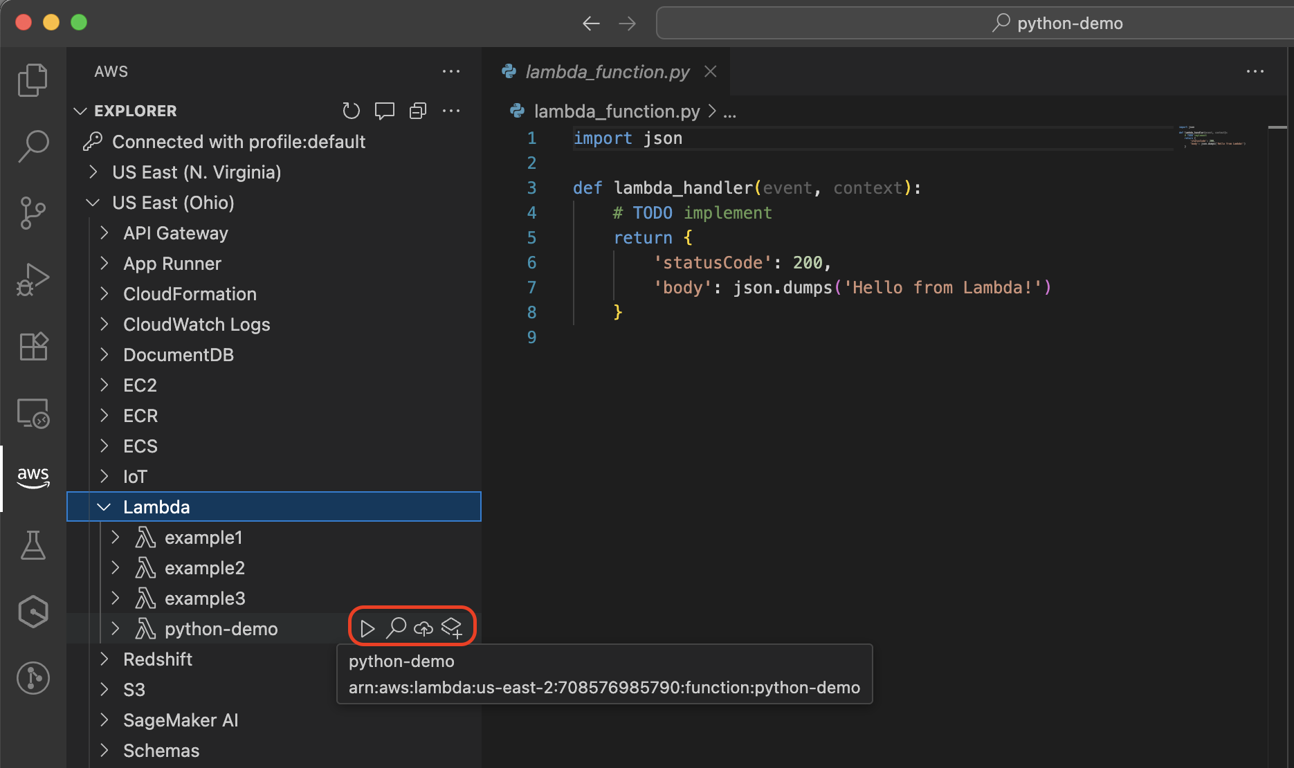 Funções do Lambda com ícones de ação para implantação, invocação e muito mais