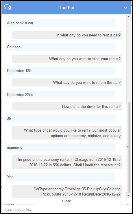 Conversa com um atendente, na qual o atendente solicita a cidade, o dia de início, o dia de retorno, a idade do motorista e o tipo de carro do aluguel do carro do cliente. O atendente confirma a reserva.