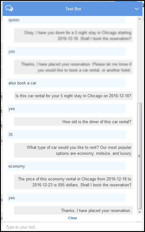 Conversa com um atendente, na qual o atendente solicita a idade do motorista e o tipo de carro e, em seguida, confirma a reserva do carro.