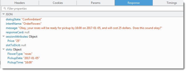 Dados JSON solicitando a confirmação do pedido.