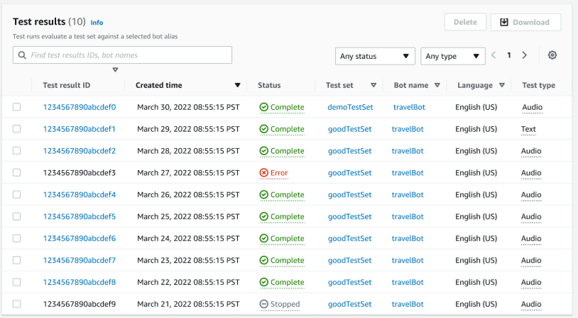 Lista de testes concluídos usando o Test Workbench.