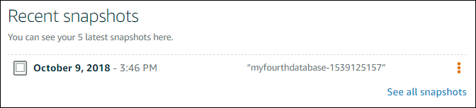 Instantâneos recentes do banco de dados no console Lightsail