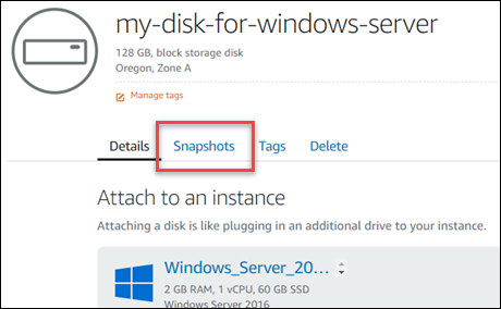 Escolha a guia Snapshots da página de gerenciamento do disco