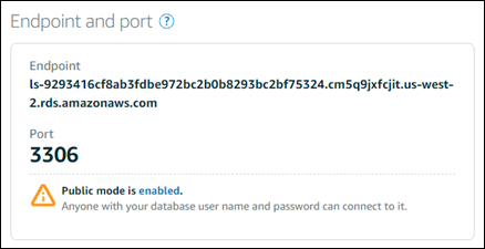 Endpoint e porta do banco de dados no console do Lightsail