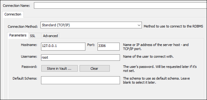 Configuração da conexão do MySQL Workbench