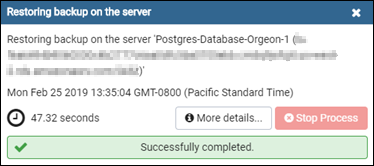 Restauração bem-sucedida do arquivo de backup de banco de dados PostgreSQL.