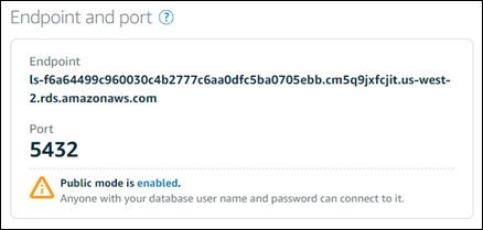 Endpoint e porta do banco de dados no console do Lightsail