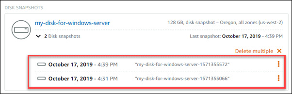 Expanda os instantâneos do disco na guia Snapshots da página inicial do Lightsail.