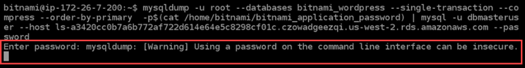 Solicitação de senha para transferir o WordPress banco de dados para um banco de dados gerenciado pelo MySQL no Lightsail.