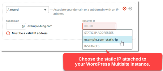 Adicionar um registro de endereço à DNS zona no console do Lightsail.