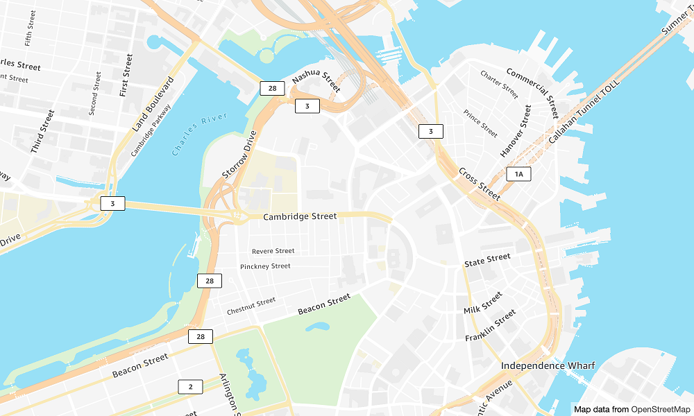 Map showing streets and waterways in Boston area, with numbered routes and landmarks.