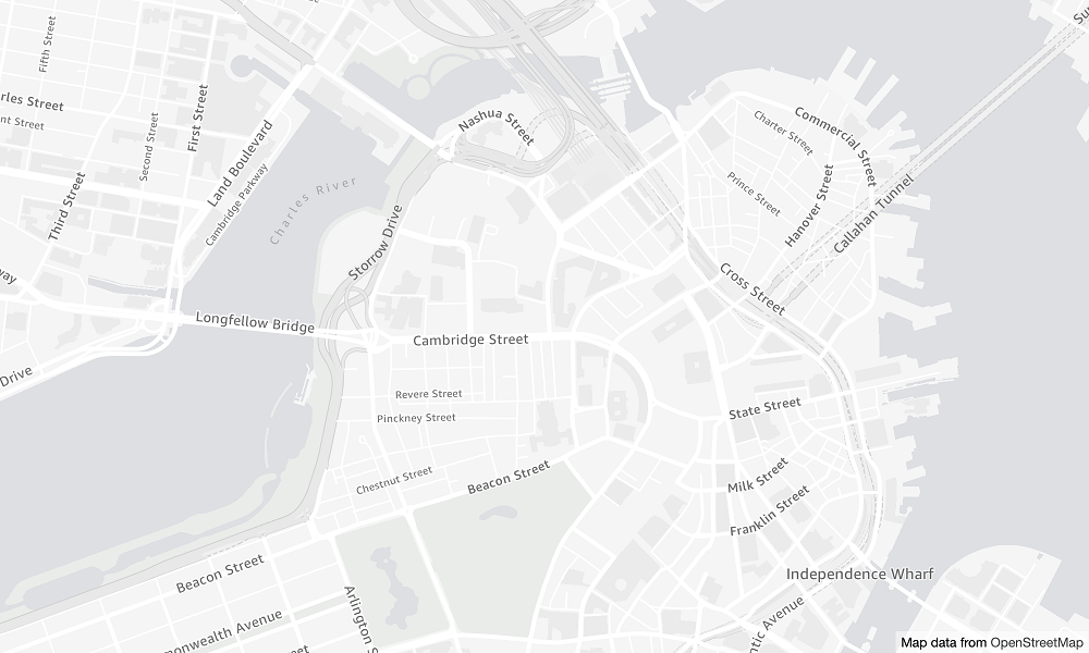 Map showing streets and landmarks in Boston area, including Longfellow Bridge and Charles River.