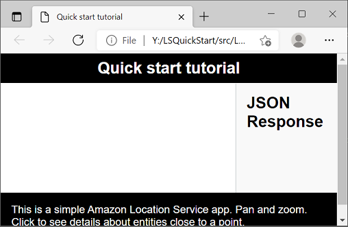 Browser window displaying a Quick start tutorial page with JSON Response section.