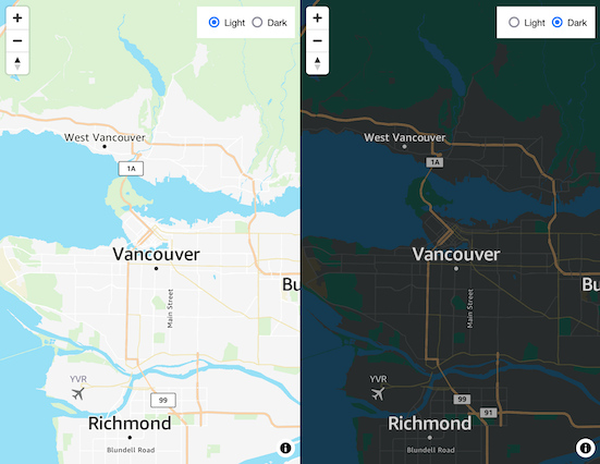 Map of Vancouver area showing light and dark mode views side by side.