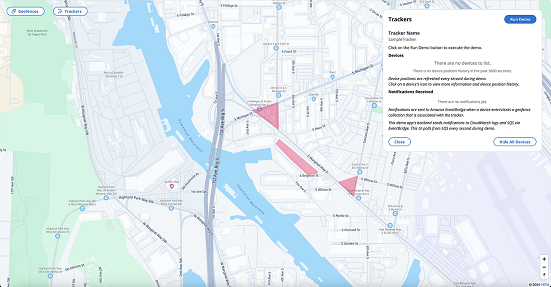 Map view showing a body of water, streets, and red triangular markers indicating locations.