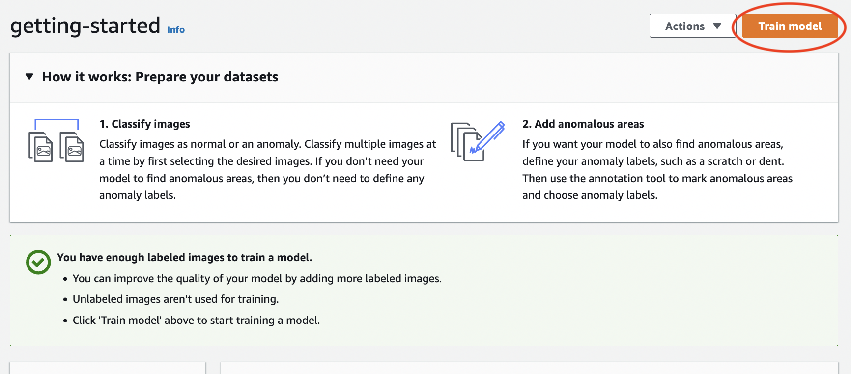 Getting-started page with instructions to prepare datasets and a Train model button.