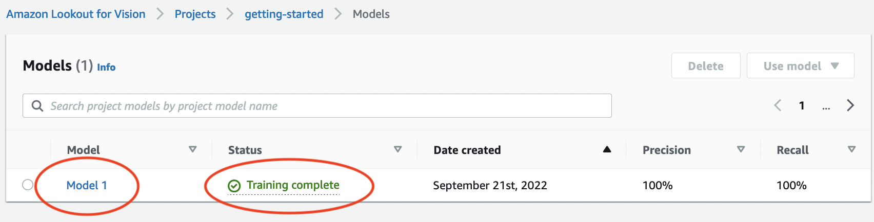 Models page showing one model named Model 1 with Training complete status.