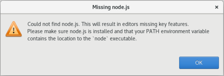 Mensagem de aviso sobre a falta de node.js.
