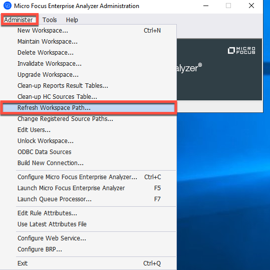 Menu de administração da ferramenta de administração do Micro Focus Enterprise Analyzer com a opção Refresh Workspace Path selecionada.