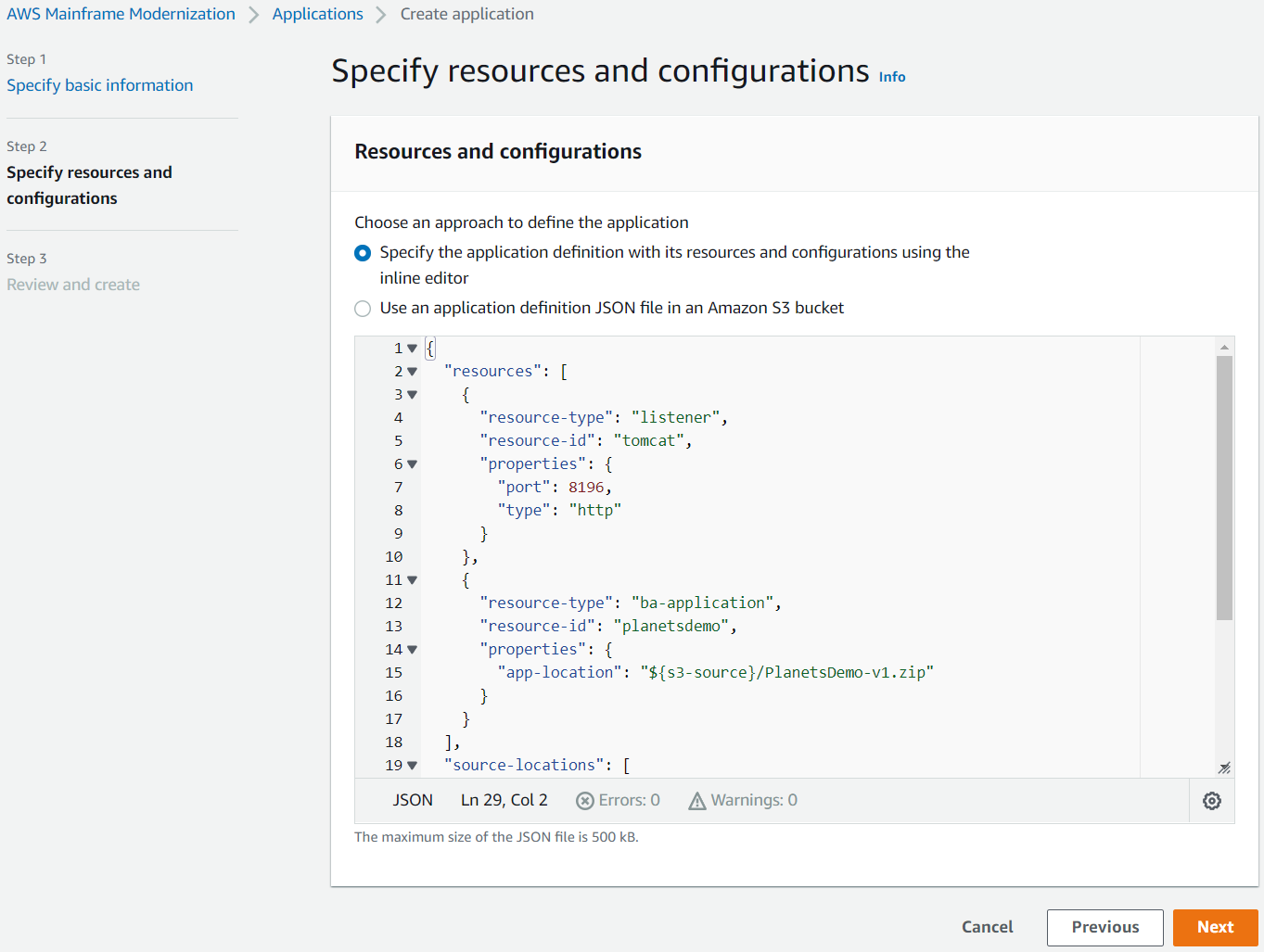 A seção Recursos e configurações com a definição atualizada da aplicação JSON colada.