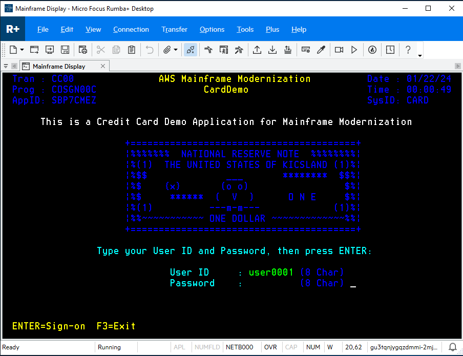 Configure nome de usuário e a senha para a aplicação CardDemo.