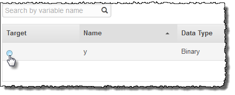 Checkbox in Target column next to variable 'y' with Binary data type.