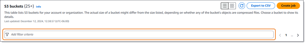 A caixa de filtro na página Buckets do S3.