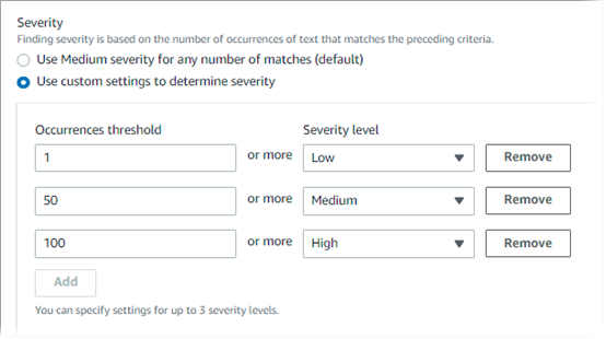 Configurações de severidade que especificam limites de ocorrências para níveis de severidade Baixa, Média e Alta.