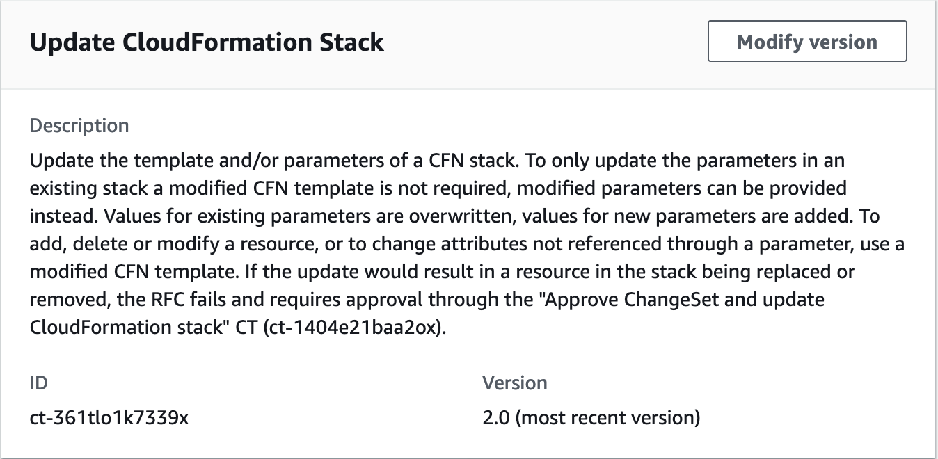 Página Update CloudFormation Stack mostrando descrição, ID ct-361tlo1k7339x e versão 2.0.
