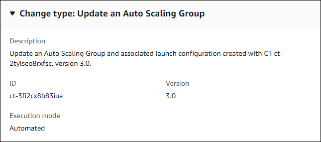 Alteração digite detalhes mostrando a atualização do Auto Scaling grupo com ID, versão 3.0 e modo de execução automatizada.