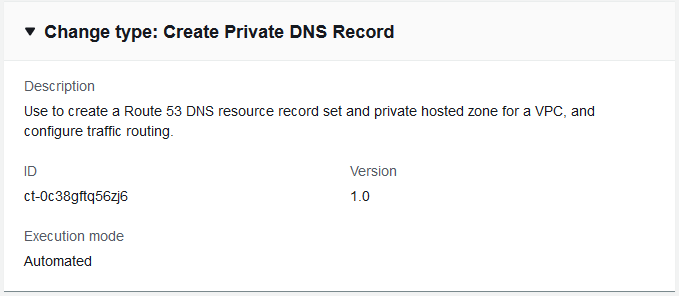 Alteração digite detalhes para criar um registro DNS privado, incluindo descrição e modo de execução.
