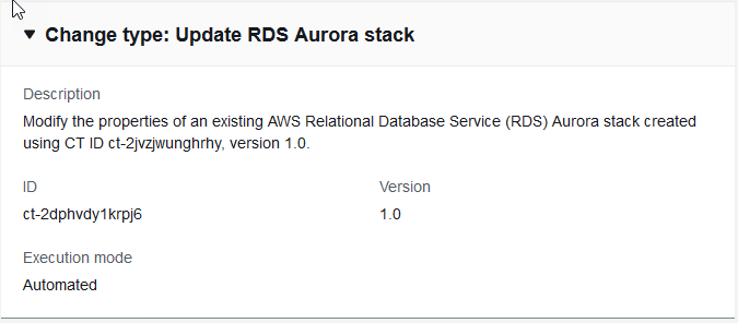 Alteração detalhes do tipo mostrando ID, versão 1.0 e modo de execução automatizada para atualização da Aurora pilha do RDS.