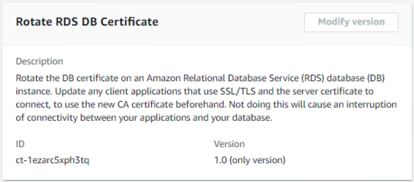 Descrição e detalhes sobre a rotação de um certificado RDS DB, incluindo informações de ID e versão.